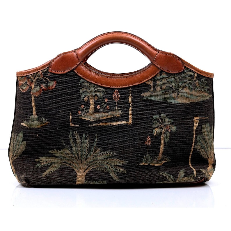 Vintage Tommy Bahama Tapestry Handbag | Tropical Palm Tree Top Handle Tote image 1