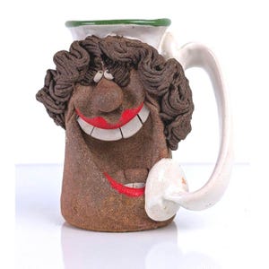 Vintage 3D Face Mug Talking on Telephone | Retro Ugly Face Pottery Cup