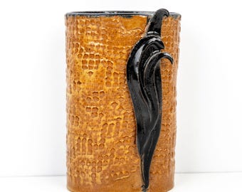 Lynn James Studio Pottery Vase Textured Honey Brown Ceramic Oval Vessel Black Leaf Accent