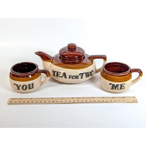 Vintage Tea For Two Set, 1970s, Brown Drip Glaze Stoneware Teapot, ME & YOU Mugs