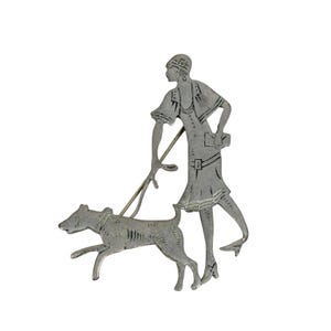 Vintage Lancaster Art Deco Flapper Woman Walking Dog Brooch Pin Silver Tone