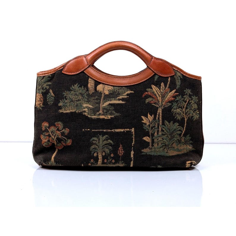 Vintage Tommy Bahama Tapestry Handbag | Tropical Palm Tree Top Handle Tote image 2