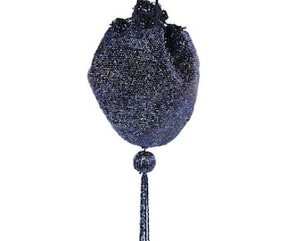 Antique Iridescent Beaded Blueberry Reticule Bag Victorian 1920s Tassel