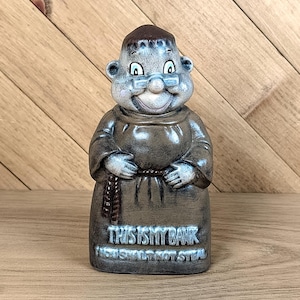 Vintage 1970s Friar Tuck Monk Piggy Bank | Ceramic Religious Kitsch | Thou Shalt Not Steal Coin Bank | Hand Painted Pottery 1978 Retro Decor