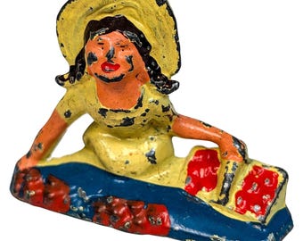 Vintage Woman Figurine Hand Painted Folk Art Flower Seller Yellow Hat