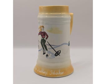 Vintage Sun Valley Idaho Skier Ceramic Beer Stein Souvenir Mug Hand Painted 6"