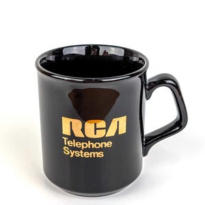 Vintage RCA Telephone Coffee Mug | Made in England Black Gold | Nipper Dog Gramophone Logo | 1980s Tech Computing | Retro Office Cup