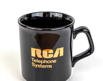 Vintage RCA Telephone Coffee Mug | Made in England Black Gold | Nipper Dog Gramophone Logo | 1980s Tech Computing | Retro Office Cup