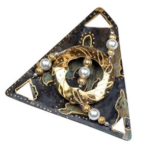 Vintage Artisan Mixed Metal Triangle Brooch Verdigris Faux Pearl Modernist Pin