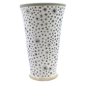 Signed GS Studio Pottery Eye Motif Gray Black Ceramic Vase 6 Inch