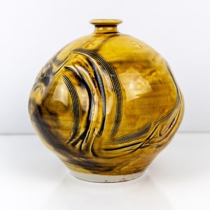 Vintage Mustard Yellow Studio Pottery Globular Vase, Incised Swirl Motif