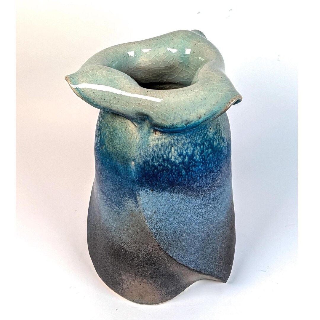 Vintage 1987 Signed Studio Pottery Vase Folded Rim Blue Celadon ...