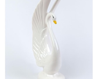Vintage White Ceramic Swan Figurine Tall Winged Bird Statue Made in Taiwan 11.5"