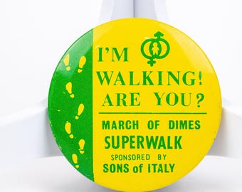 Vintage March of Dimes Superwalk Pin, Sons of Italy Sponsor 1970s Charity Button