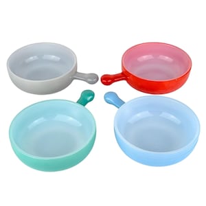 Glasbake French Casserole Harlequin Bowls Set, 1960s Milk Glass Shark Fin Handle