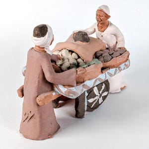 Vintage Middle Eastern Terracotta Folk Art Figurine Street Vendor Merchant Cart