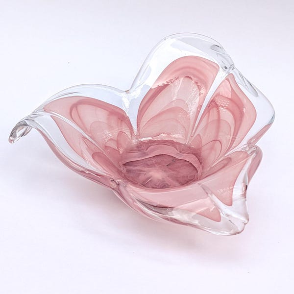 Vintage Pink Murano Glass Bowl — Handblown Art Glass Decorative Dish, Petal Form Centerpiece, Midcentury Italian Style Decor
