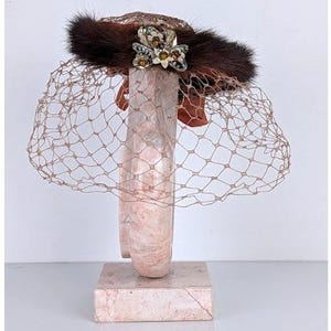 Vintage 1950s Brown Mink Fur Halo Hat Birdcage Veil Velvet Bow Fascinator 1950s Vintage Mink Fur Birdcage Veil Hat, Brown Fascinator  main image 4