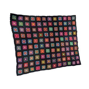 Vintage Crochet Granny Square Afghan Black Multicolor Boho Throw Blanket