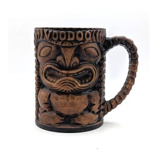 Vintage Voodoo Tiki Mug Faux Wood Ceramic Tribal Barware Brown Tropical Cocktail