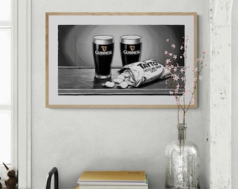 Irish Snacks or Tapas - Guiness and Tayto Crisps set in Bar Ireland - Pints with Friends