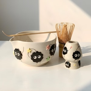 Handmade Soot Sprite Matcha Set - Personalized Spouted Chawan Whisk Holder - Aesthetic Star Sprinkles Gift Set - Pottery for Anime Lovers