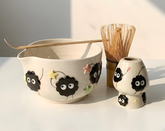 Handmade Soot Sprite Matcha Set - Personalized Spouted Chawan Whisk Holder - Aesthetic Star Sprinkles Gift Set - Pottery for Anime Lovers
