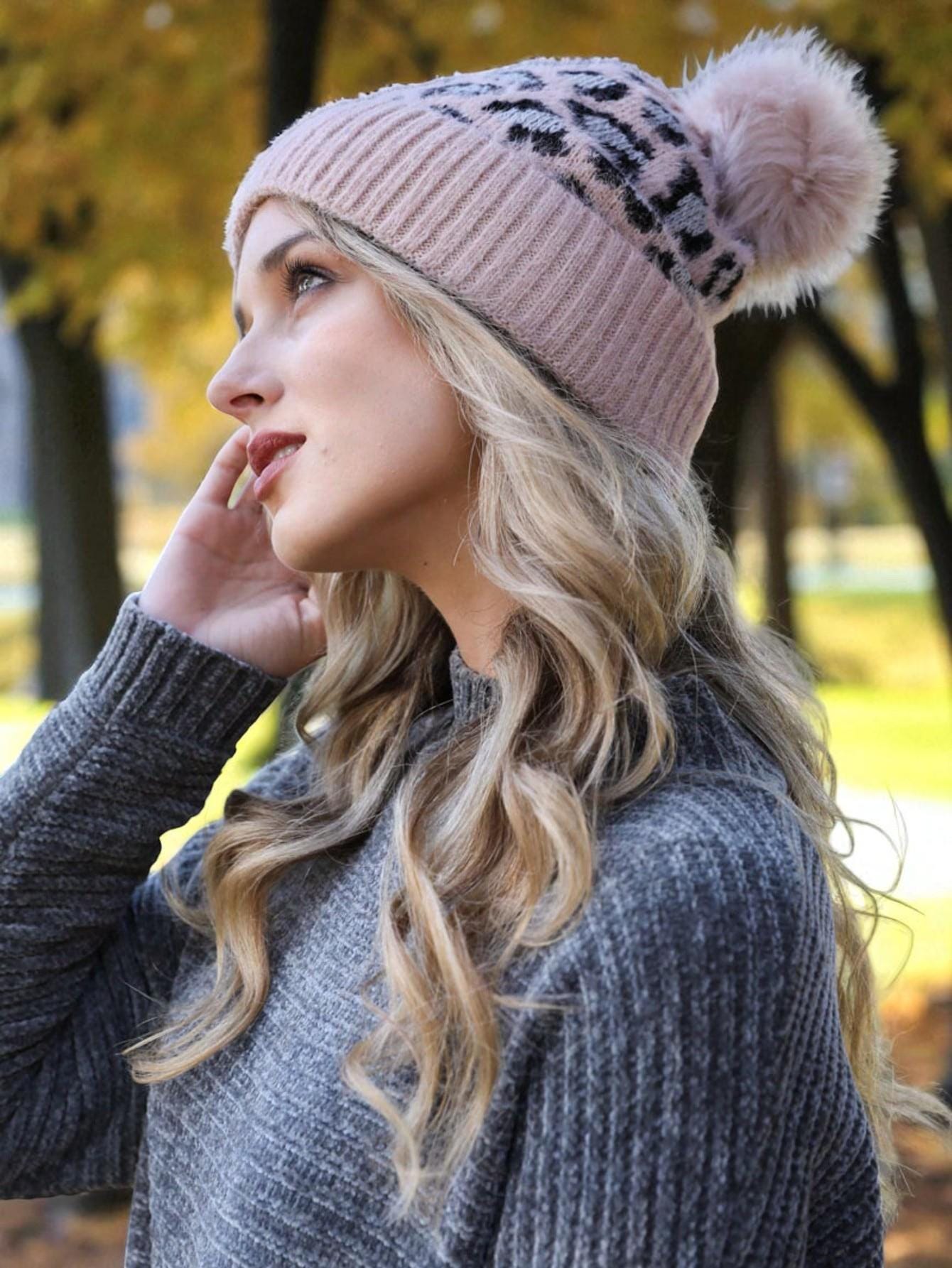 Soft Beanie Hat Leopard Pattern Fur Pom Winter Accessories for Women Embroidered Kids Leopard Print Pom Beanie Leopard Beanie  main image 4