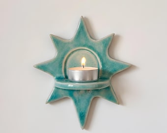 Turquoise Crackle Glaze Ceramic Wall Sconce • Handmade Sun Star Tealight Holder • Celestial Wall Decor • Mid Century Modern Candle Holder
