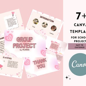 Puede incluir: Un conjunto de plantillas Canva rosas para proyectos escolares. El diseño presenta un fondo rosa suave con acentos de corazón y texto que dice "Proyecto Grupal" y "Fácil de personalizar". Incluye diapositivas con fotos de gatos y texto.