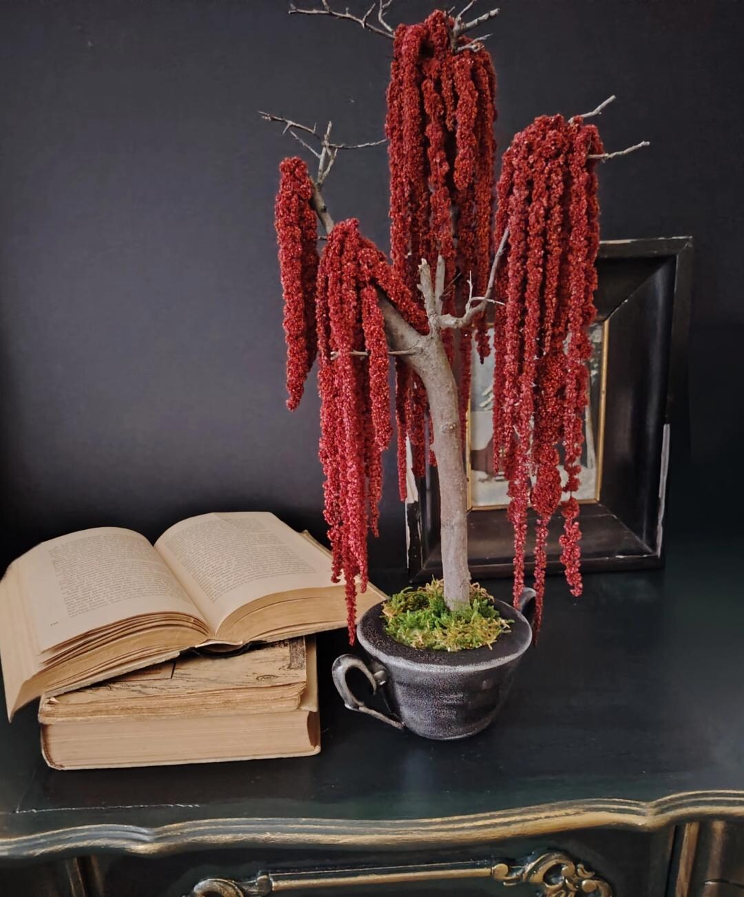 Dark Academia Bonsai Tree, Red Amaranthus Botanical Sculpture, Vintage ...