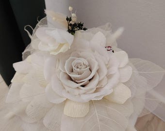 Ivory Preserved Rose Wedding Bouquet, Red Ceramic Heart Charm, Romantic Bridal Flowers