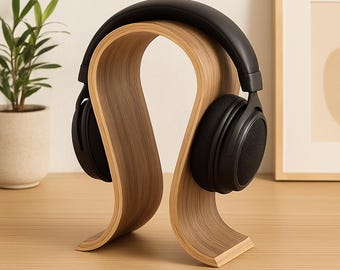 Elegant Wooden Headphone Stand – U-Shaped Walnut Display for Desk or Studio