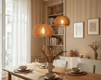 Japanese bamboo pendant lamp • Natural wooden ceiling light • Handmade boho lighting