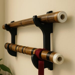 Könnte beinhalten: Ein schwarzer Wandhalter mit zwei Holzflöten. Der Halter hat zwei horizontale Stangen mit schwarzer Oberfläche. Die Flöten sind aus Bambus und haben eine natürliche braune Farbe. Die obere Flöte hat eine weiße Spitze, und die untere Flöte hat eine weiße Spitze und ein rotes Band, das um sie herumgebunden ist.