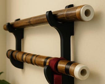 Soporte de pared para espadas - Estante para katanas de dos niveles - Exhibidor de espadas samuráis de madera