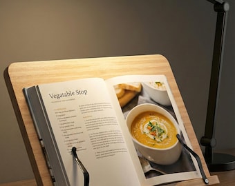 Support à livre réglable en bois naturel - Support à livre de cuisine pour cuisine, tablette ou bureau