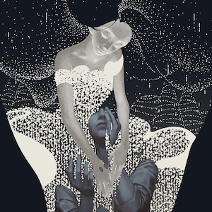 Puede incluir: Una mujer con un vestido blanco con un patrón brillante sostiene la cara de una persona en sus manos. El fondo es azul oscuro con puntos blancos.