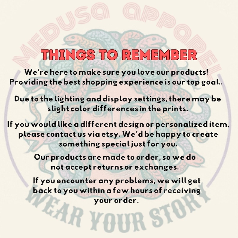 以下が含まれることがあります： 赤い「THINGS TO REMEMBER」の文字が入った円形のグラフィックで、メデューサの頭のデザインで囲まれています。下のテキストは、返品や交換など、製品に関する情報を提供しています。