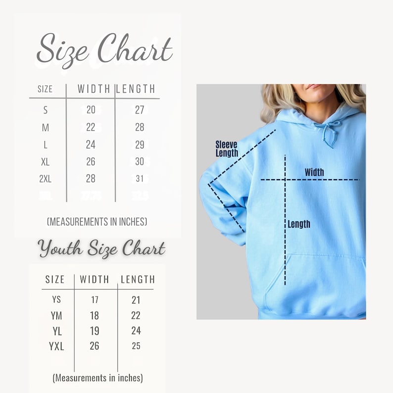 Puede incluir: Una sudadera con capucha azul claro con una tabla de tallas. La tabla muestra medidas en pulgadas para tallas de adulto y juvenil, incluyendo ancho y largo. El texto "Size Chart" est&aacute; en la parte superior de la imagen.