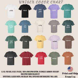 May include: A color chart displaying a variety of unisex t-shirts in various colors, including white, black, blue jean, violet, and seafoam. The chart includes the text "UNISEX COLOR CHART" at the top and details about the fabric and construction at the bottom.