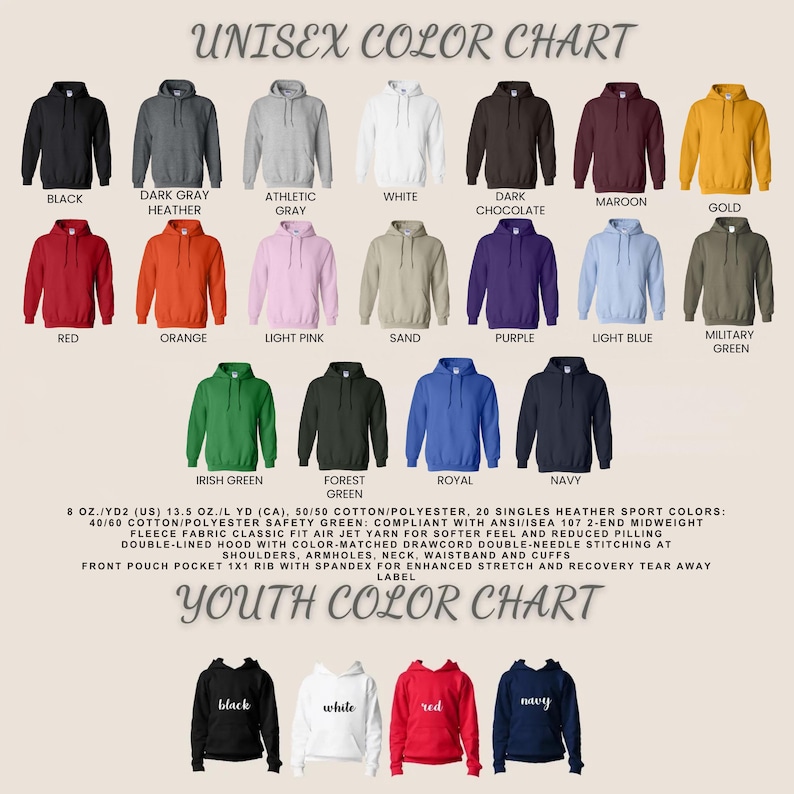 Puede incluir: Una tabla de colores que muestra varios colores de sudaderas con capucha unisex y para j&oacute;venes. La tabla incluye colores como negro, azul marino, rojo y dorado. Las sudaderas tienen un corte cl&aacute;sico, capucha de doble forro y bolsillo delantero. El material es una mezcla de algod&oacute;n y poli&eacute;ster.