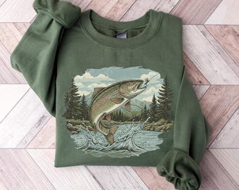 Sudadera retro de los 90 con diseño de peces salvajes, cuello redondo vintage con motivos naturales, camiseta bohemia unisex de pesca, regalo para pescadores y excursionistas, camiseta acogedora para amantes de la naturaleza.