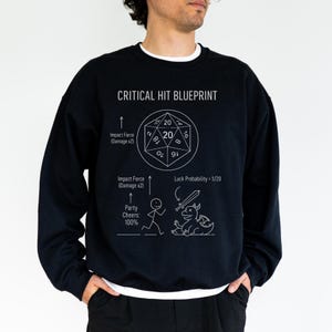 Puede incluir: Sudadera negra con un gráfico blanco que dice "CRITICAL HIT BLUEPRINT". El diseño incluye un dado de 20 caras, flechas y figuras de palo. El texto describe la fuerza de impacto y la probabilidad de suerte.