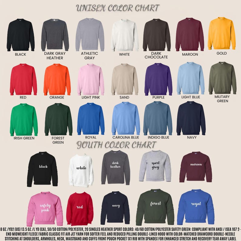 Puede incluir: Tabla de colores de sudaderas unisex y juveniles en varios colores, incluyendo negro, blanco, rojo y azul marino. La tabla muestra los colores disponibles con sus nombres, como "Gris oscuro jaspeado" y "Azul Carolina". Los textos "Unisex Color Chart" y "Youth Color Chart" est&aacute;n en la parte superior.