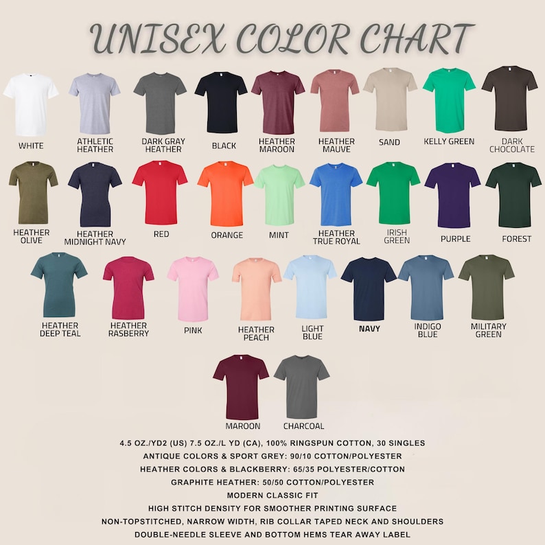Puede incluir: Una carta de colores que muestra una variedad de colores de camisetas, incluyendo blanco, negro, rojo y verde. El texto "UNISEX COLOR CHART" est&aacute; en la parte superior. La carta incluye detalles sobre la tela y el ajuste.