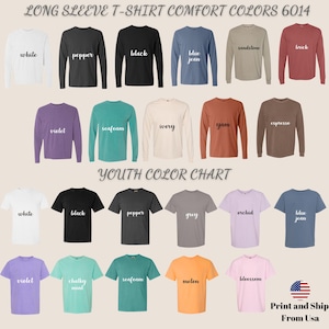 以下が含まれることがあります： 白、黒、ブルージーンズ、紫など、さまざまな色の長袖と半袖のTシャツのカラーチャート。「LONG SLEEVE T-SHIRT COMFORT COLORS 6014」と「YOUTH COLOR CHART」の文字が上部に表示されています。