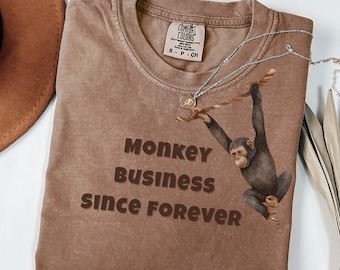 Rolig apa-t-shirt med grafik, schimpans-t-shirt med grafik, djur-t-shirt i vintagestil, retro rolig djur-t-shirt, Monkey Business, bekväma färger