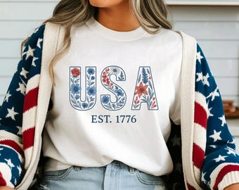 Floral USA Shirt, American Girl Shirt, USA Est 1776 Shirt, Girly 4th of July Shirt, Patriotic Women Shirt, Flower USA Shirt, Comfort Colors