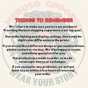 Puede incluir: Gr&aacute;fico circular con texto rojo "THINGS TO REMEMBER". El texto a continuaci&oacute;n detalla las pol&iacute;ticas de la tienda, incluidos los art&iacute;culos hechos a pedido, sin devoluciones e informaci&oacute;n de contacto. El nombre de la tienda, "MEDUSA APPAREL", est&aacute; en la parte superior.